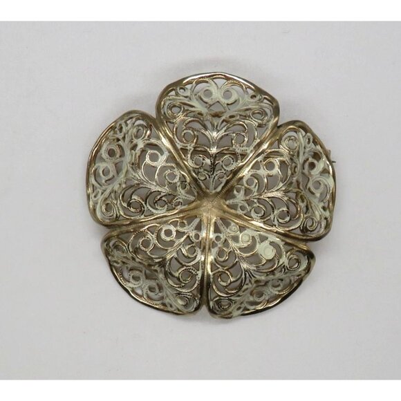 Vintage Flower Brooch 2" White Washed Filigree Gold Tone Metal Domed Petals - Picture 3 of 12